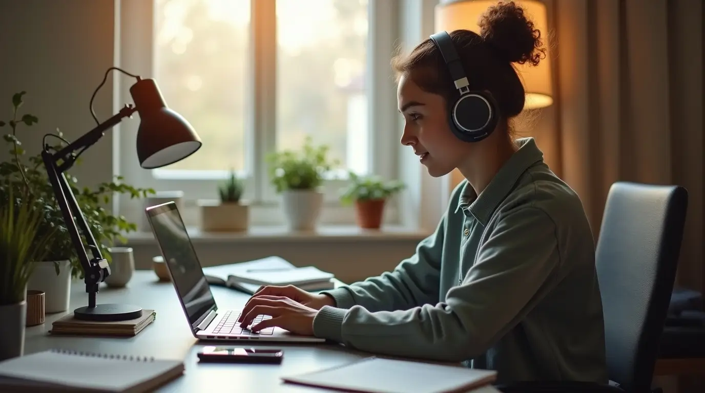 Professional lifestyle photo of person with ADHD using technology productively in organized workspace. Shows laptop with ADHD apps, noise-canceling headphones, and calm focused environment. Perfect for ADHD and technology articles, productivity guides, and digital wellness content.