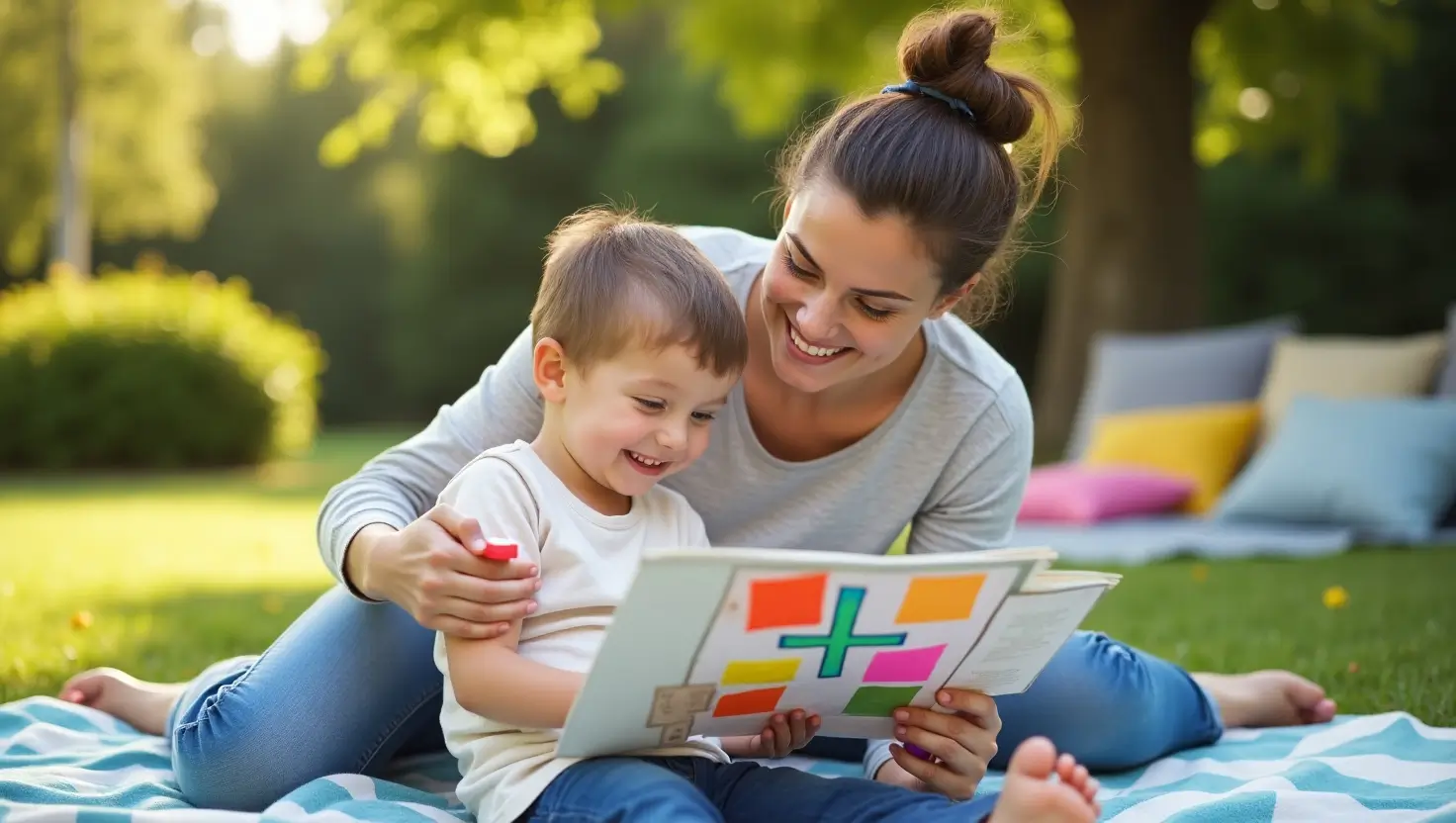 Young boy with autism and ADHD using a colorful visual schedule and holding a sensory toy, sitting outdoors with his mother during summer. Calm and supportive environment with bright natural light and a sensory-friendly relaxation area.